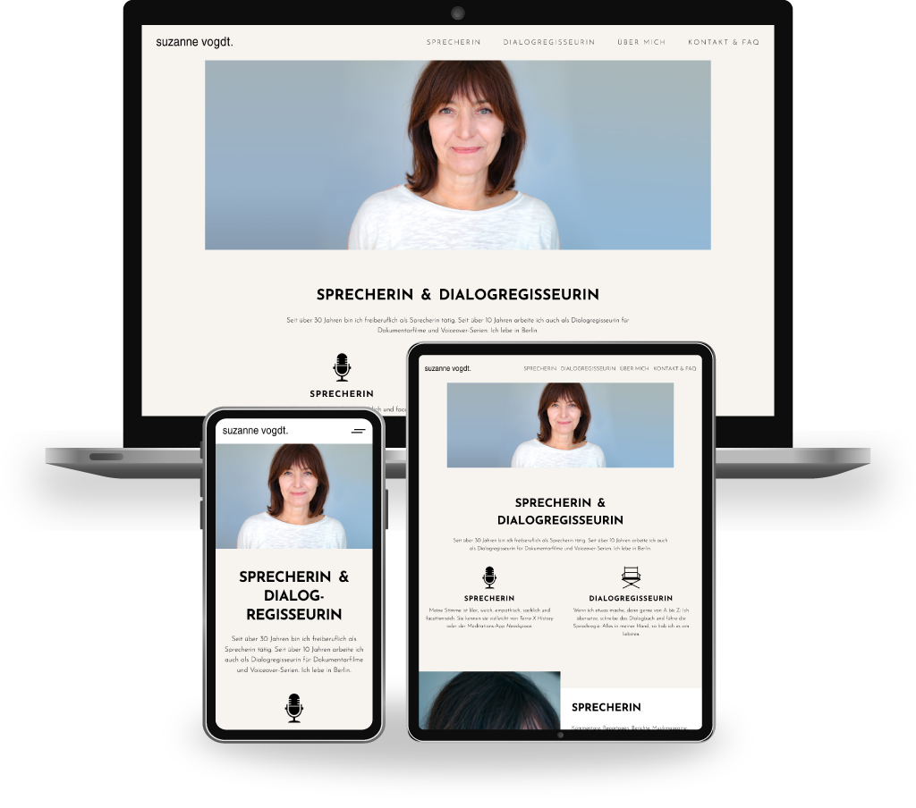 Mock ups der Website von Sprecherin Suzanne Vogdt