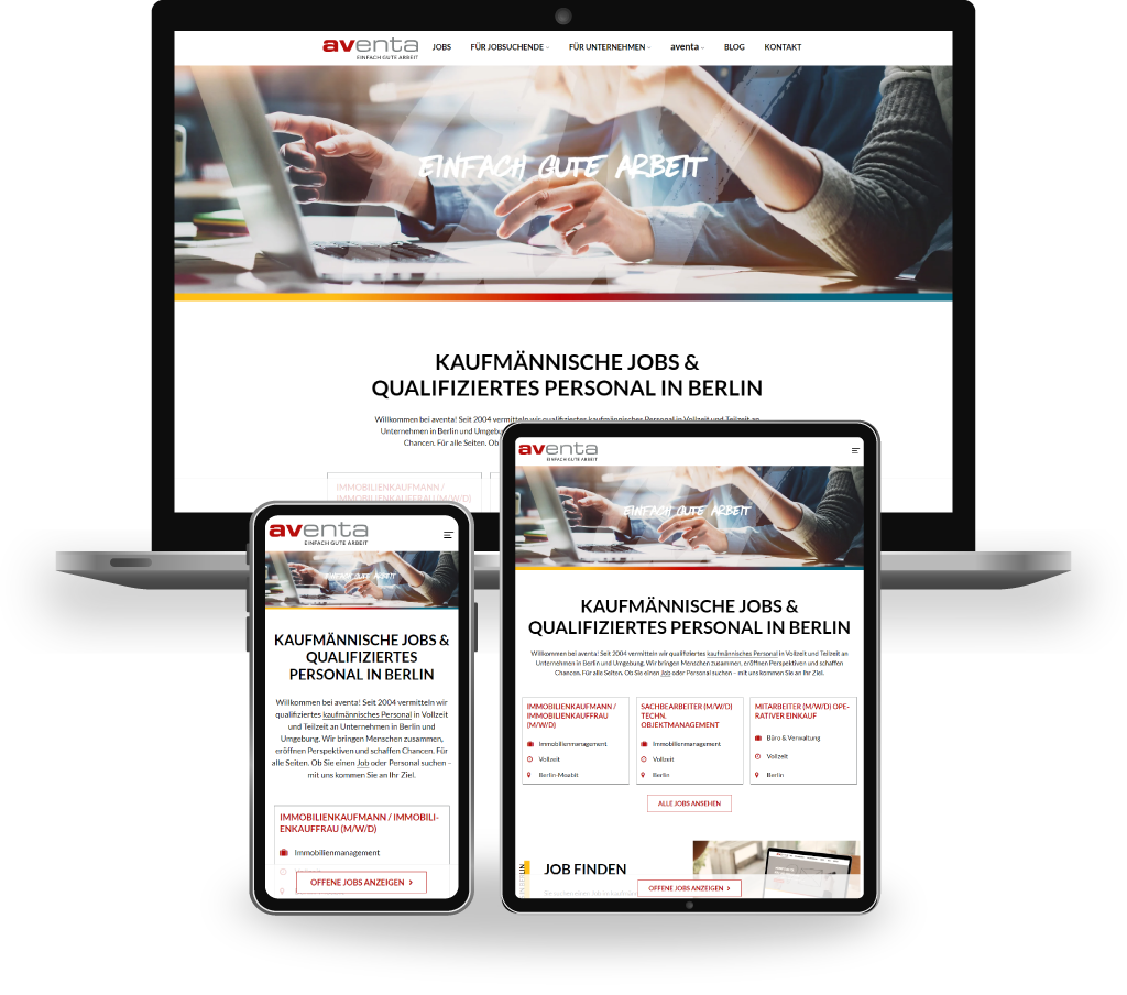 Mock ups der Website der Aventa Personaldienstleistungen