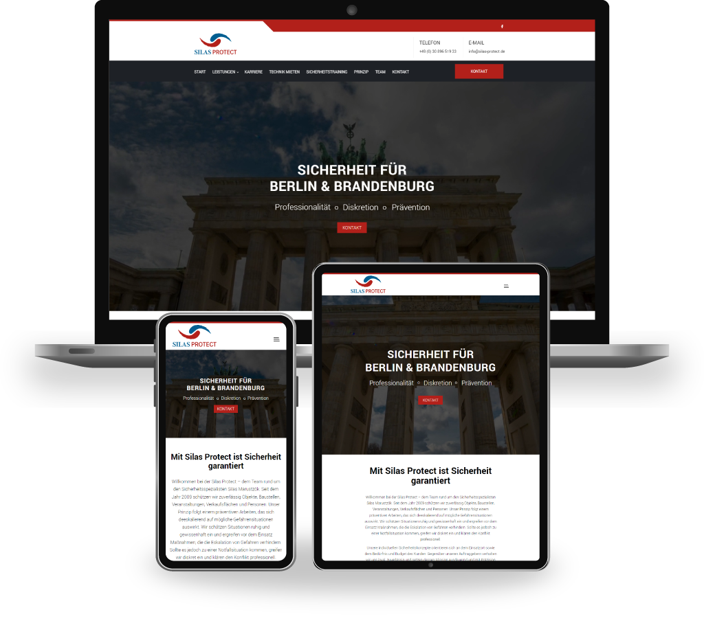 Mock ups der Website des Sicherheitsunternehmens Silas Protect