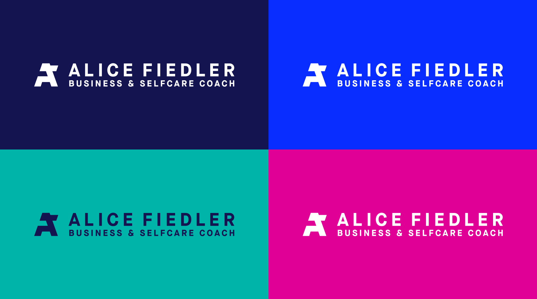 Logo Design für die Website von Business Coach Alice Fiedler in den Farben Blau, Pink, Grün und Schwarz