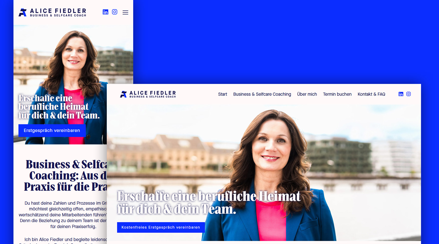 Zwei Mockups des mobilen und Desktop Layouts im Responsive Design der Website von Business Coach Alice Fiedler