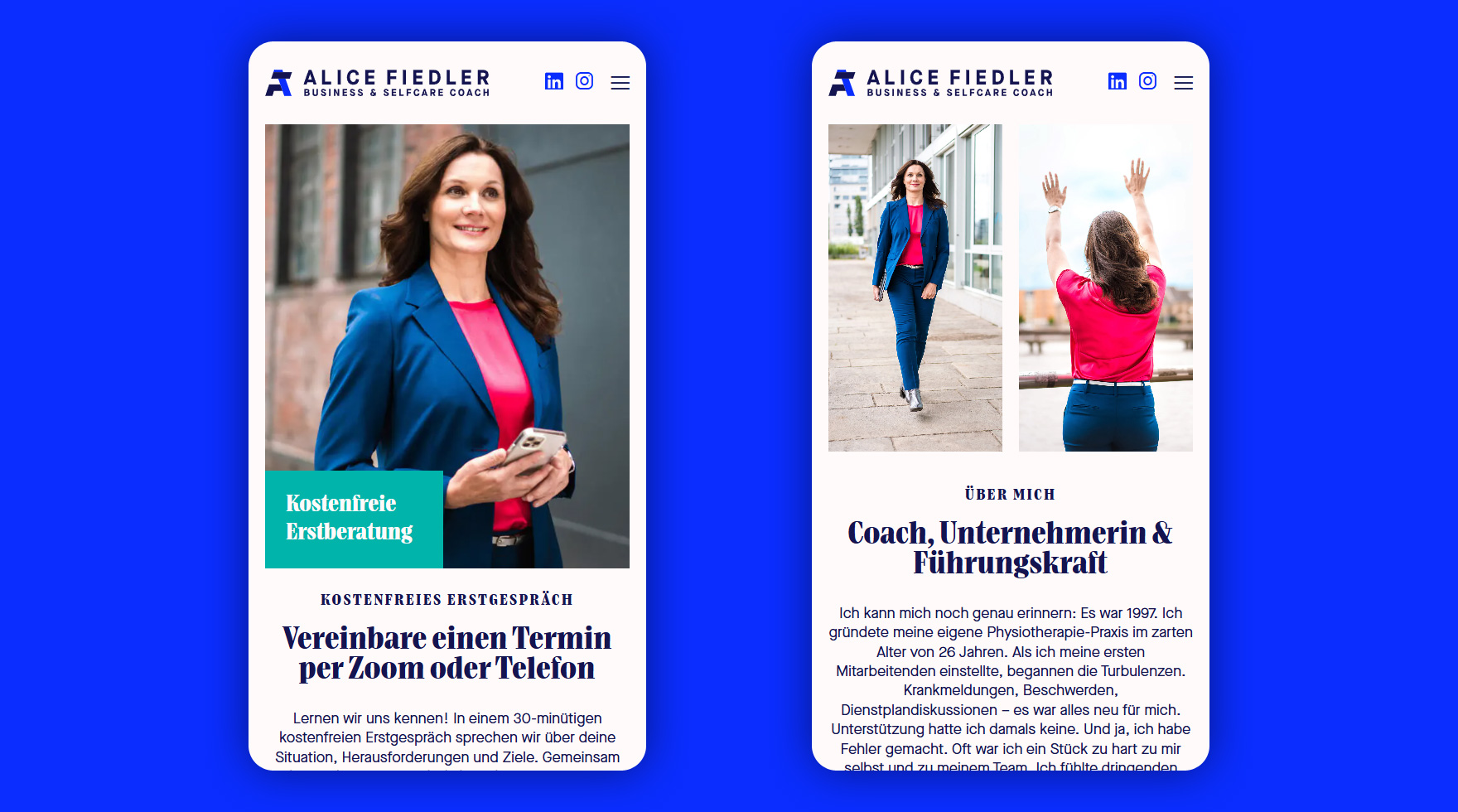 Zwei Mockups des mobilen Layouts im Responsive Design der Website von Business Coach Alice Fiedler