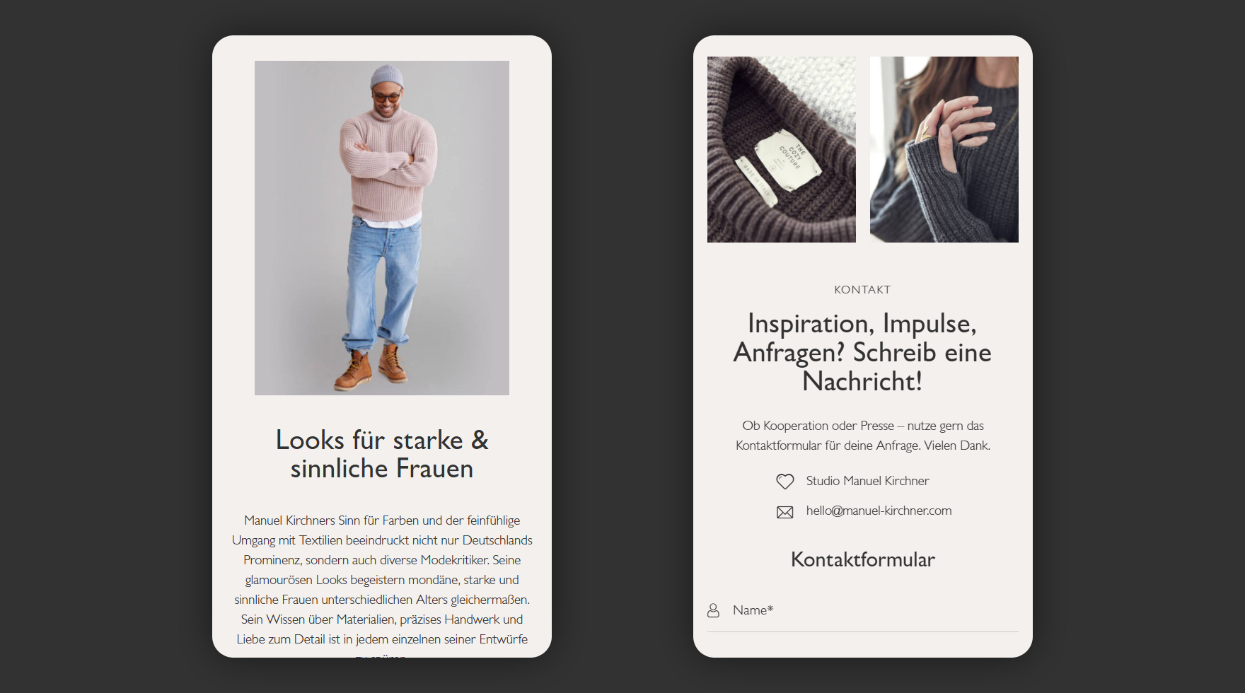 Zwei Mockups des mobilen Layouts im Responsive Design der Website von Designer Manuel Kirchner