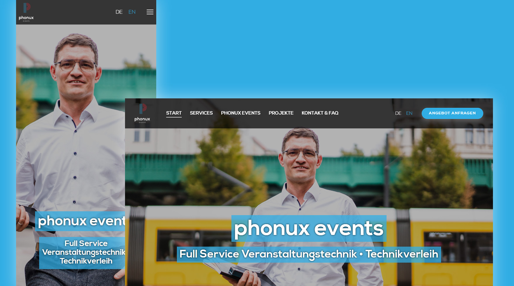 Zwei Mockups des mobilen und Desktop Layouts im Responsive Design der Website des Unternehmens phonux events aus Berlin