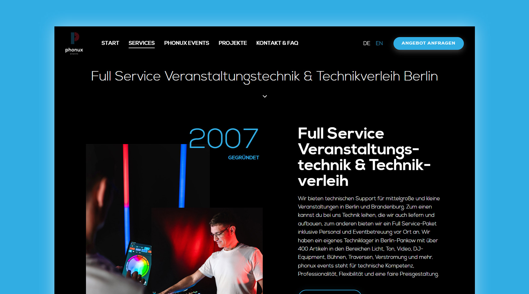 Mockup des Desktop Layouts im Responsive Design der Website des Unternehmens phonux events aus Berlin