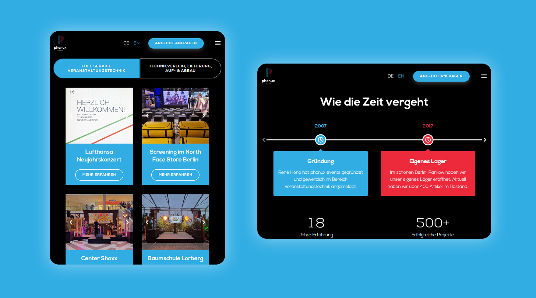 Zwei Mockups des Tablet Layouts im Responsive Design der Website des Unternehmens phonux events aus Berlin