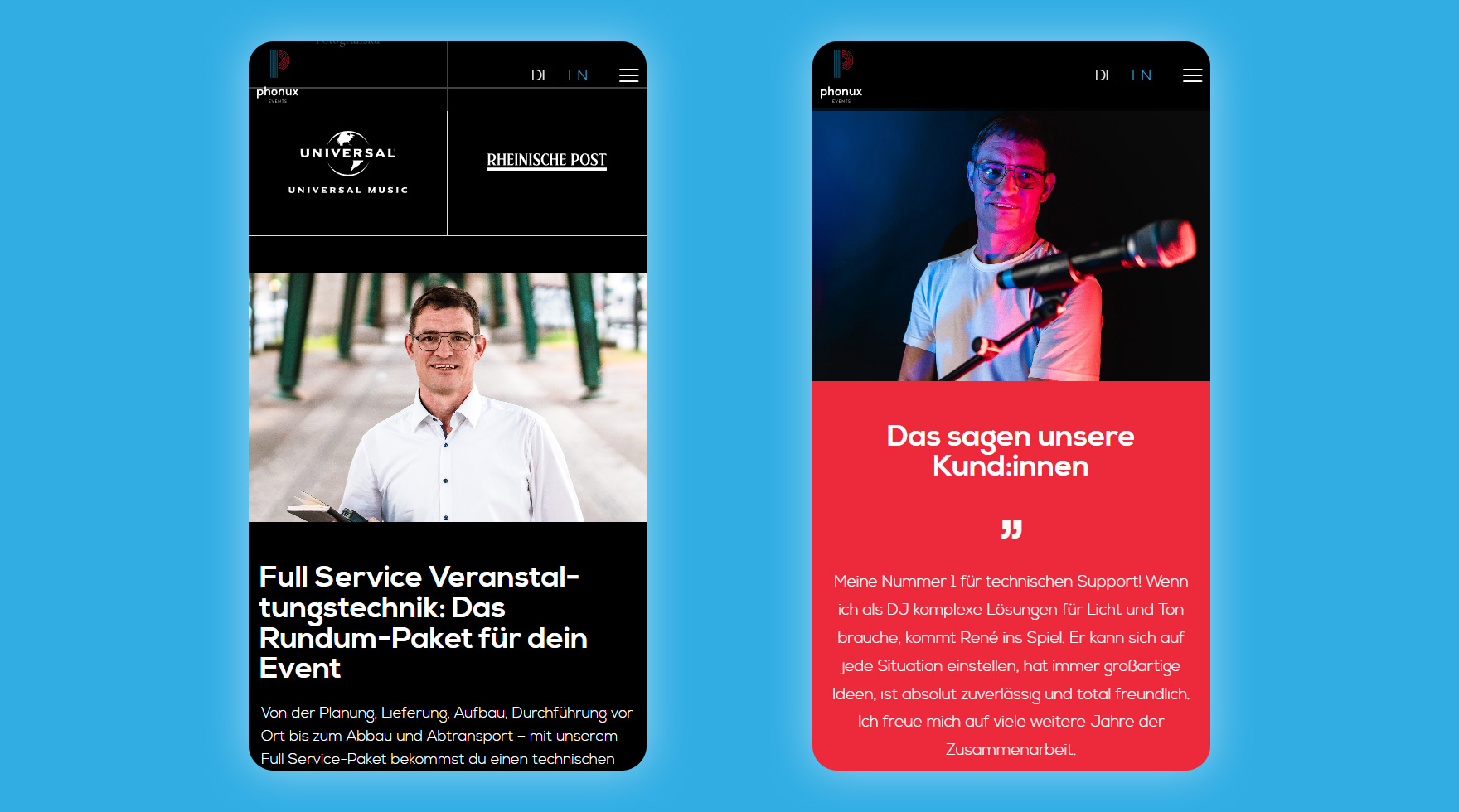 Zwei Mockups des mobilen Layouts im Responsive Design der Website des Unternehmens phonux events aus Berlin