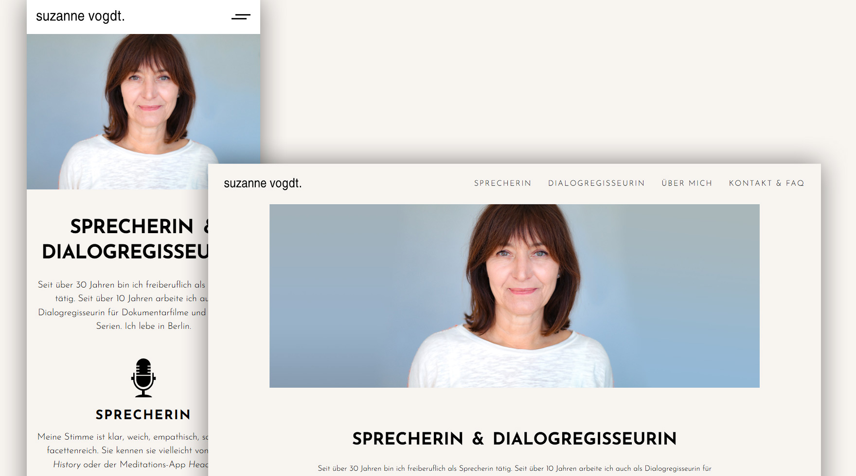 Zwei Mockups des mobilen und Desktop Layouts im Responsive Design für die Website der Sprecherin und Dialogregisseurin Suzanne Vodgt
