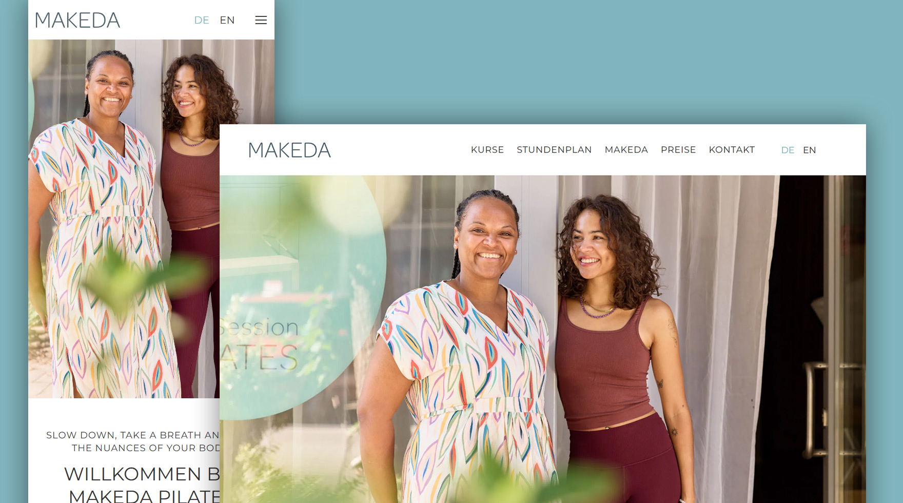 Zwei Mockups des mobilen und Desktop Layouts im Responsive Design für die Website des Pilates Studios Makeda in Berlin Prenzlauer Berg