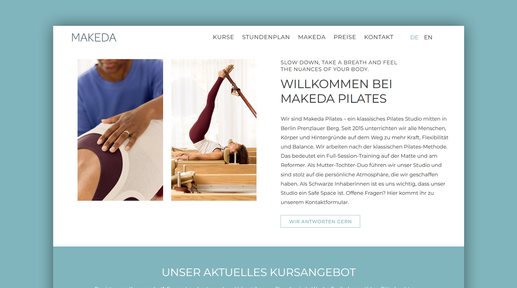 Mockup des Desktop Layouts im Responsive Design für die Website des Pilates Studios Makeda in Berlin Prenzlauer Berg