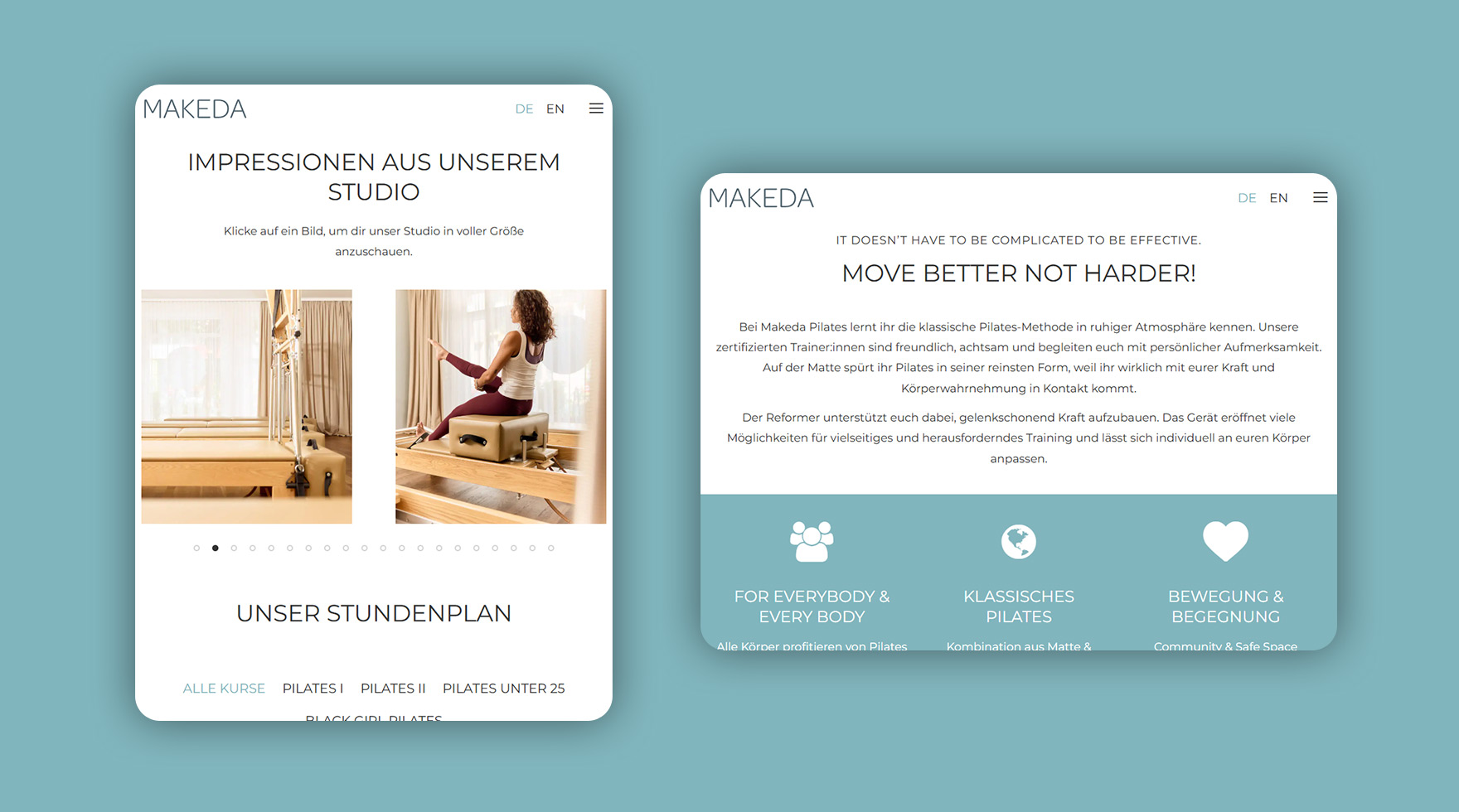 Mockup des Tablet Layouts im Responsive Design für die Website des Pilates Studios Makeda in Berlin Prenzlauer Berg