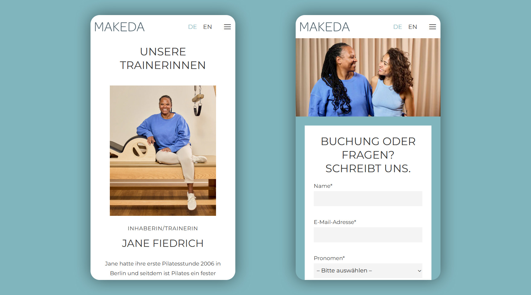 Mockup des mobilen Layouts im Responsive Design für die Website des Pilates Studios Makeda in Berlin Prenzlauer Berg