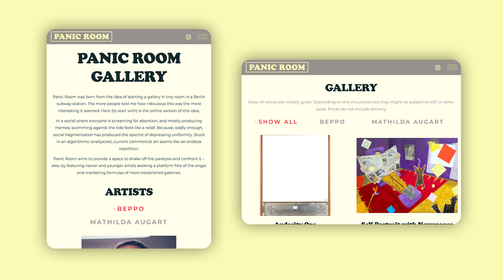 Mockups des Tablet Layouts im Responsive Design der Website von der Panic Room Gallery
