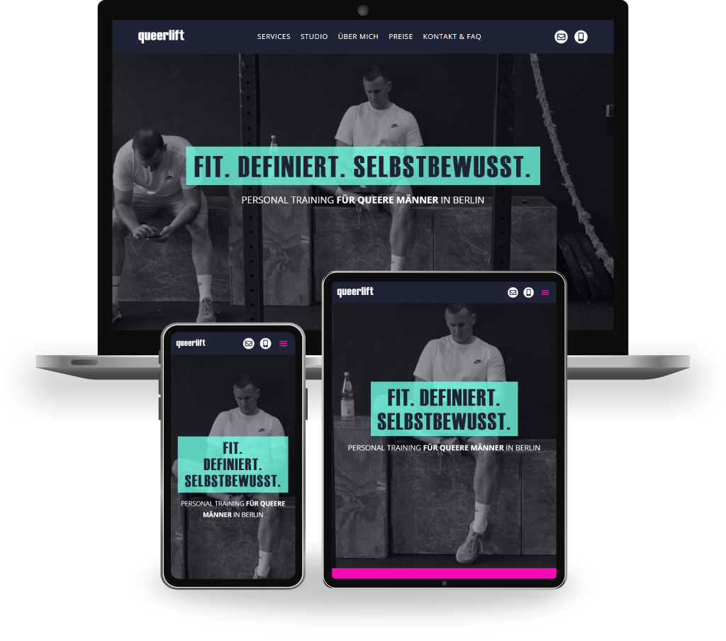 Mockup der Desktop-, Tablet- und Mobil-Ansicht der Website für queerlift Personal Training in Berlin