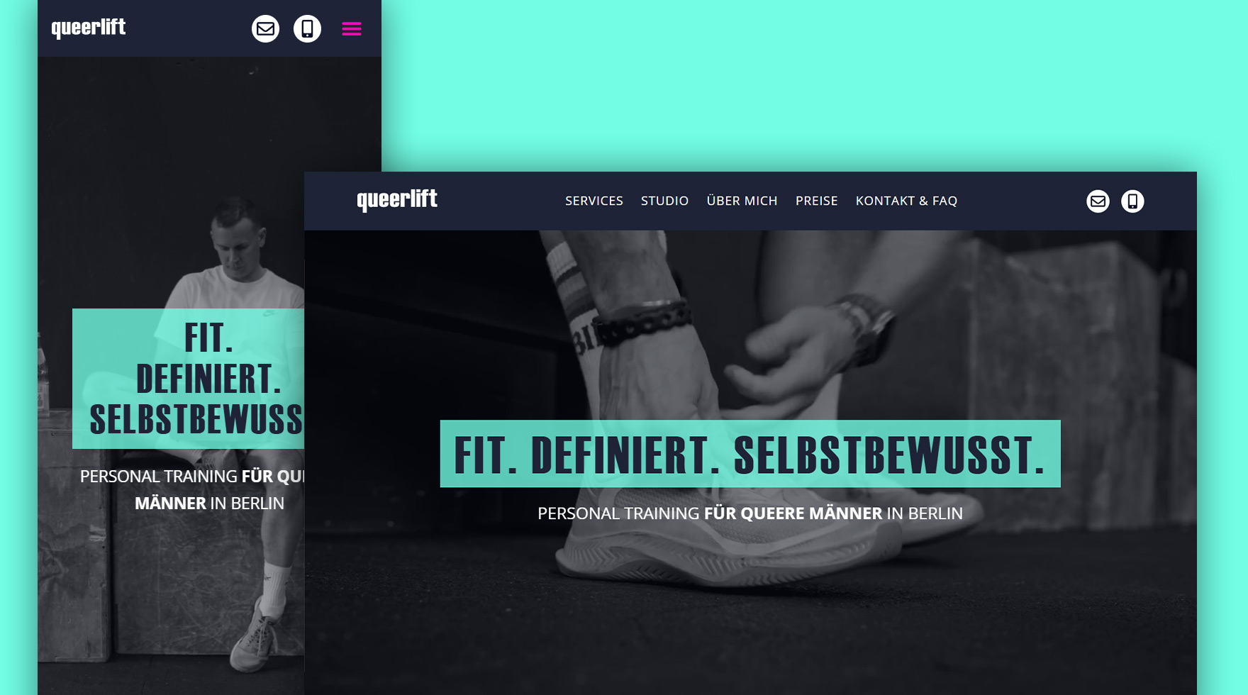Zwei Mockups des mobilen und Desktop Layouts im Responsive Design für die Website von queerlift Personal Training