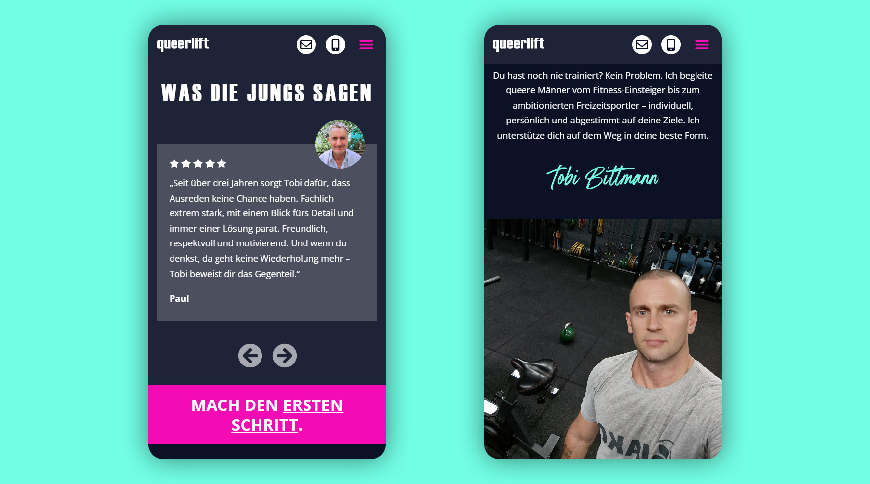 Mockup des mobilen Layouts im Responsive Design für die Website von queerlift Personal Training in Berlin